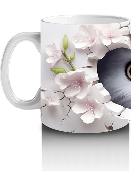 Beyaz Çiçekler Arasında Bakan Sevimli Baykuş Yüzü - Baskılı Kahve Kupası fiyatları
