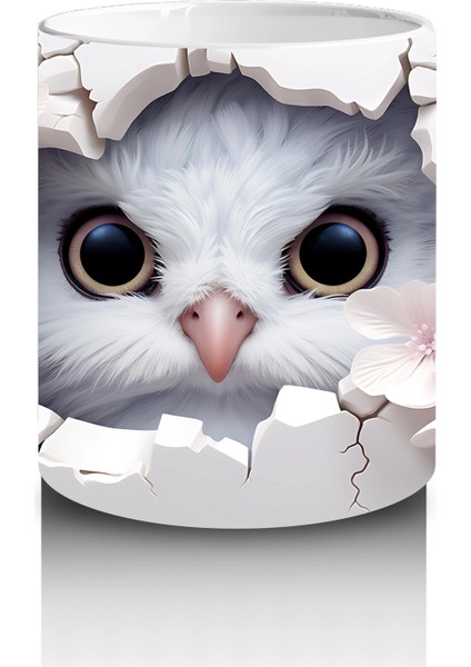 Beyaz Çiçekler Arasında Bakan Sevimli Baykuş Yüzü - Baskılı Kahve Kupası modelleri