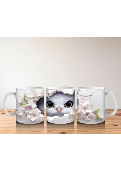 Beyaz Çiçekler Arasında Bakan Sevimli Baykuş Yüzü - Baskılı Kahve Kupası indirimleri