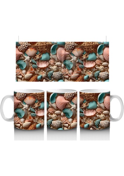 Deniz Kabuğu ve Mercan Desenleriyle Süslenmiş Okyanus Temalı Kompozisyon - Baskılı Kahve Kupası