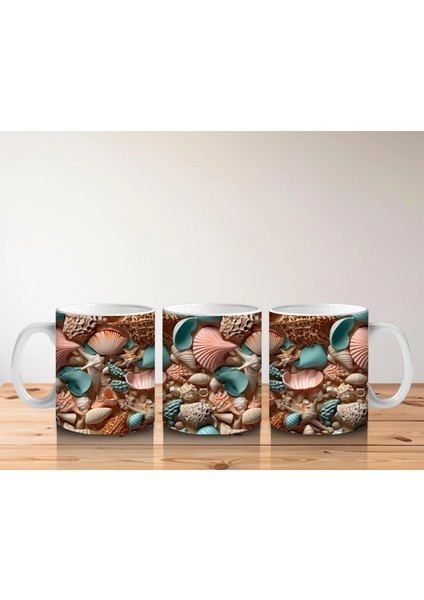 Deniz Kabuğu ve Mercan Desenleriyle Süslenmiş Okyanus Temalı Kompozisyon - Baskılı Kahve Kupası indirimleri