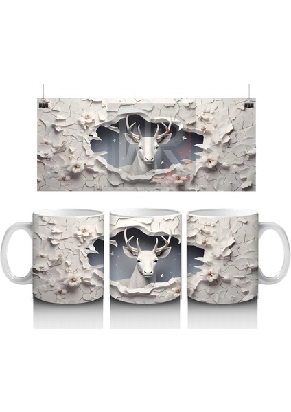 Kırık Duvar Arasında Minimal Stilde Beyaz Geyik Silueti - Baskılı Kahve Kupası