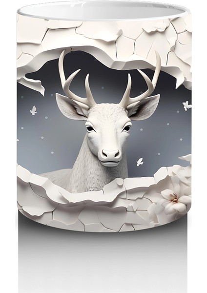 Kırık Duvar Arasında Minimal Stilde Beyaz Geyik Silueti - Baskılı Kahve Kupası modelleri