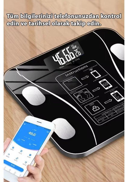 Siyah Hassas Dijital Tartı, Bluetooth, Cam, Su, Yağ, Protein ve Kalori Ölçüm Özelliği