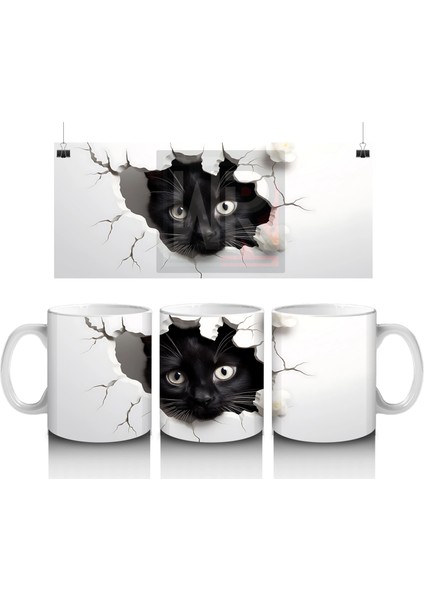 Yırtık Duvar Efektli Büyüleyici Siyah Kedi – Baskılı Kupa