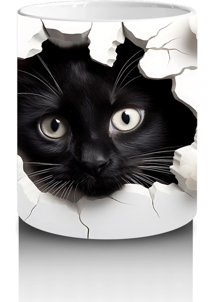 Yırtık Duvar Efektli Büyüleyici Siyah Kedi – Baskılı Kupa modelleri