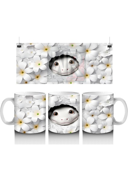 Beyaz Çiçekler Arasında Saklanan Sevimli Yüz Figürü - Baskılı Kahve Kupası