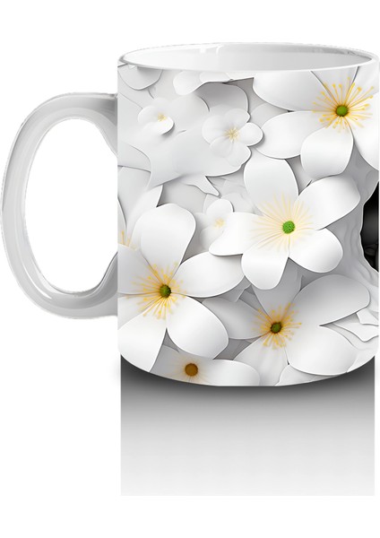 Beyaz Çiçekler Arasında Saklanan Sevimli Yüz Figürü - Baskılı Kahve Kupası fiyatları