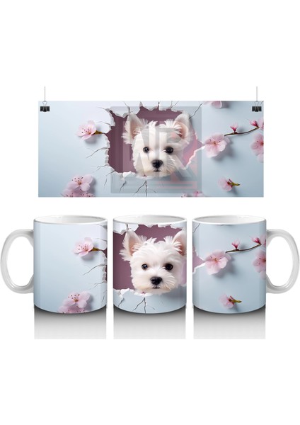 Kiraz Çiçekleri Arasında Neşeli Beyaz Yavru Köpek – Baskılı Kupa