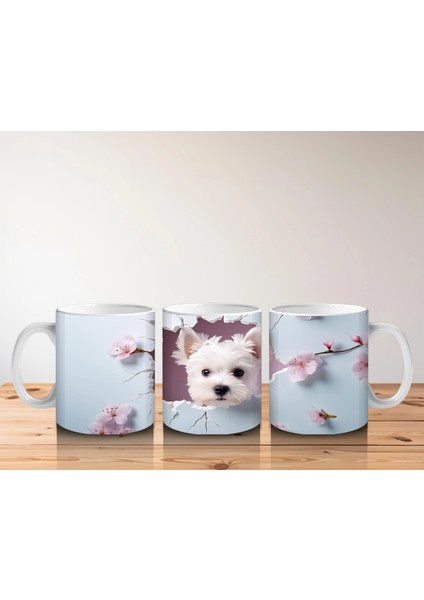 Kiraz Çiçekleri Arasında Neşeli Beyaz Yavru Köpek – Baskılı Kupa indirimleri