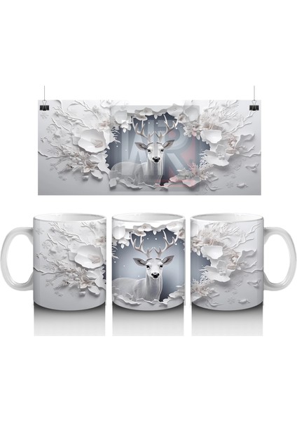 Beyaz Çiçeklerle Süslenmiş Çatlak Zeminden Bakan Geyik - Baskılı Kahve Kupası