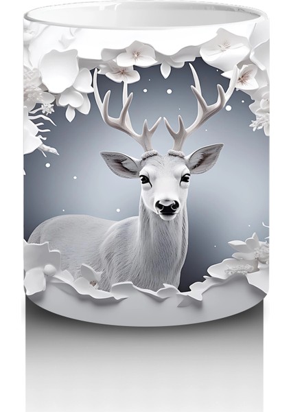 Beyaz Çiçeklerle Süslenmiş Çatlak Zeminden Bakan Geyik - Baskılı Kahve Kupası modelleri