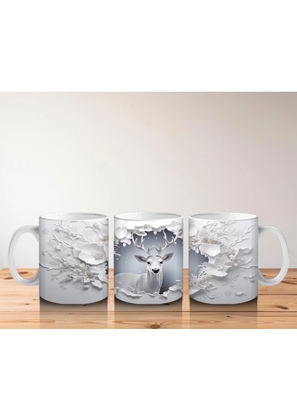 Beyaz Çiçeklerle Süslenmiş Çatlak Zeminden Bakan Geyik - Baskılı Kahve Kupası indirimleri