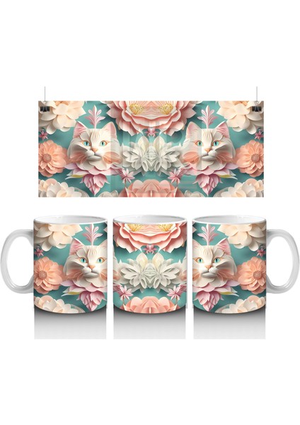 Renkli Çiçekler Arasında Ikili Kedi Figürü – Baskılı Kupa