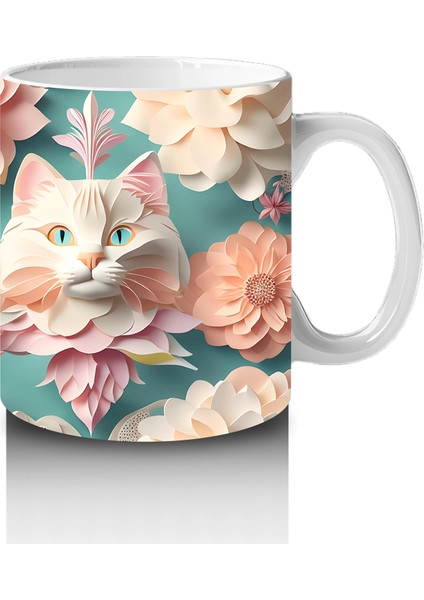 Renkli Çiçekler Arasında Ikili Kedi Figürü – Baskılı Kupa fırsatları