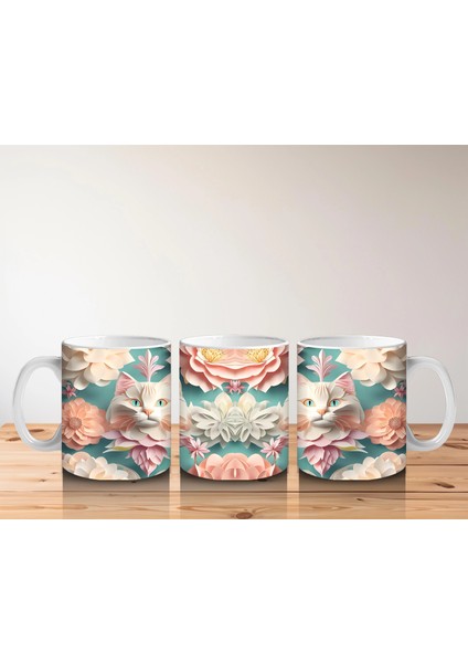 Renkli Çiçekler Arasında Ikili Kedi Figürü – Baskılı Kupa indirimleri