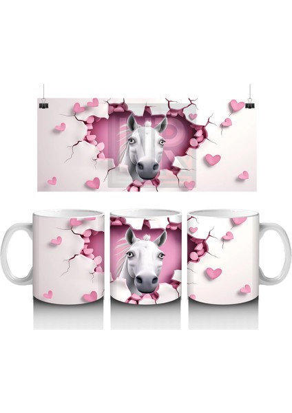 Kalpli Çatlak Duvar Arasından Bakan Beyaz At Figürü - Baskılı Kahve Kupası
