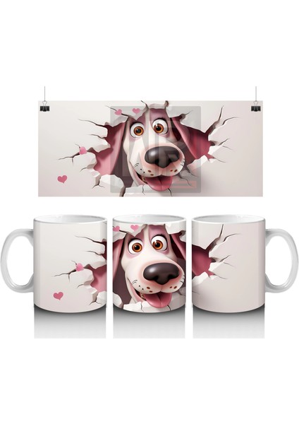 Pembe Kalplerle Çevrili Gülümseyen Karikatür Köpek - Baskılı Kahve Kupası