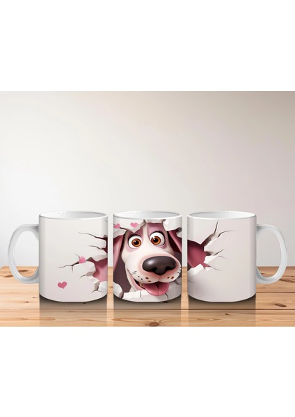 Pembe Kalplerle Çevrili Gülümseyen Karikatür Köpek - Baskılı Kahve Kupası indirimleri