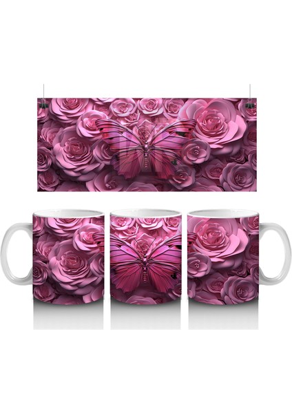 Gül Buketi Arasında Parlayan Pembe Kelebek Deseni - Baskılı Kahve Kupası