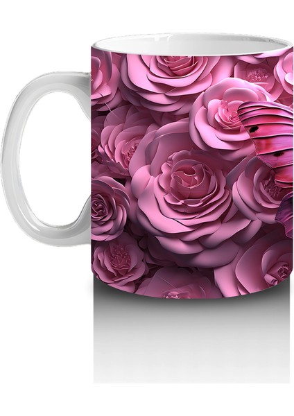 Gül Buketi Arasında Parlayan Pembe Kelebek Deseni - Baskılı Kahve Kupası fiyatları