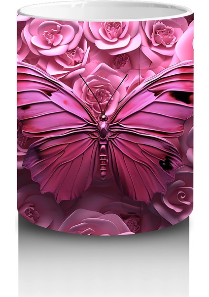 Gül Buketi Arasında Parlayan Pembe Kelebek Deseni - Baskılı Kahve Kupası modelleri