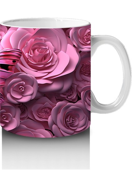 Gül Buketi Arasında Parlayan Pembe Kelebek Deseni - Baskılı Kahve Kupası fırsatları