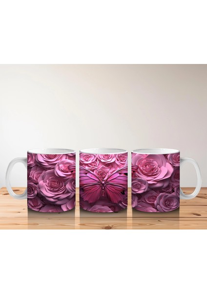 Gül Buketi Arasında Parlayan Pembe Kelebek Deseni - Baskılı Kahve Kupası indirimleri