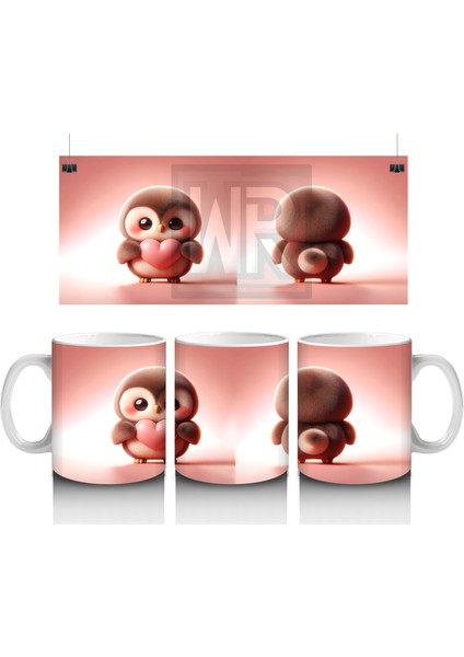 Kalpli Figür Tutan Sevimli Penguen (Ön ve Arka Görünüm) - Baskılı Kahve Kupası