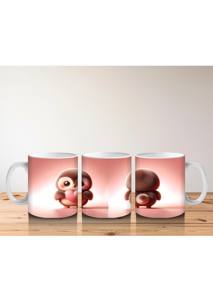 Kalpli Figür Tutan Sevimli Penguen (Ön ve Arka Görünüm) - Baskılı Kahve Kupası indirimleri