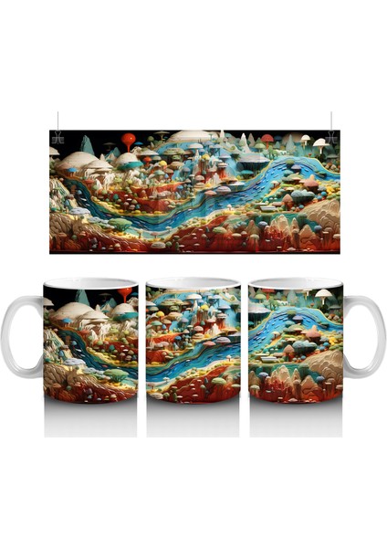 Mantar Evler ve Nehir Manzaralı Masalsı Dünya – Baskılı Kahve Kupası
