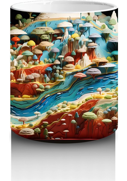 Mantar Evler ve Nehir Manzaralı Masalsı Dünya – Baskılı Kahve Kupası modelleri