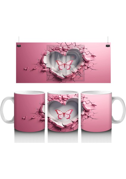 Pembe Kalpli Duvar Arasında Kelebek Figürü – Baskılı Kahve Kupası
