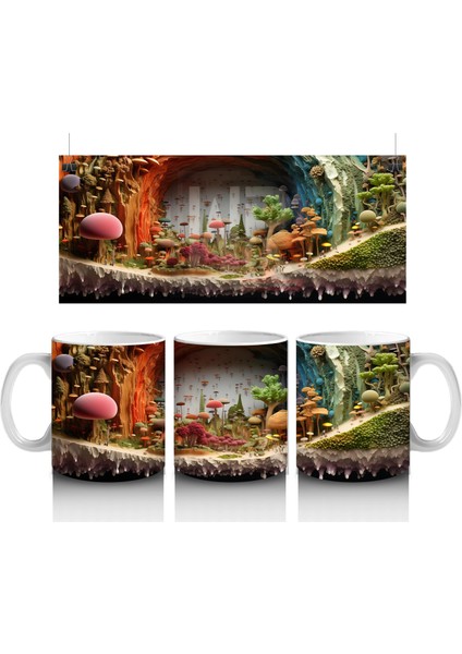 Renkli Mantarlarla Süslenmiş Fantastik Orman Manzarası - Baskılı Kahve Kupası