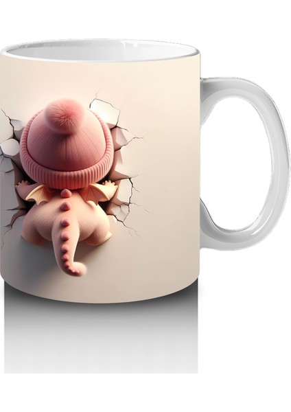 Kalplerle Süslenmiş Pembe Bere Takan Dinozor Yavrusu (Çift Görünüm) - Baskılı Kahve Kupası fırsatları