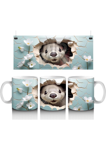 Beyaz Çiçekler Önünde Şirin Su Samuru – Baskılı Kahve Kupası