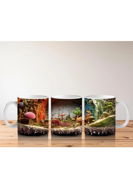 Renkli Mantarlarla Süslenmiş Fantastik Orman Manzarası - Baskılı Kahve Kupası indirimleri
