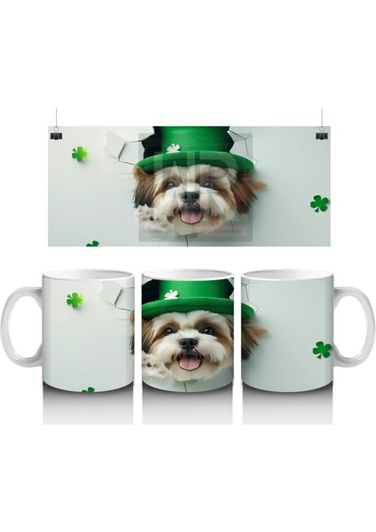 Yeşil Şapkalı St. Patrick’s Temalı Shih Tzu Köpek - Baskılı Kahve Kupası