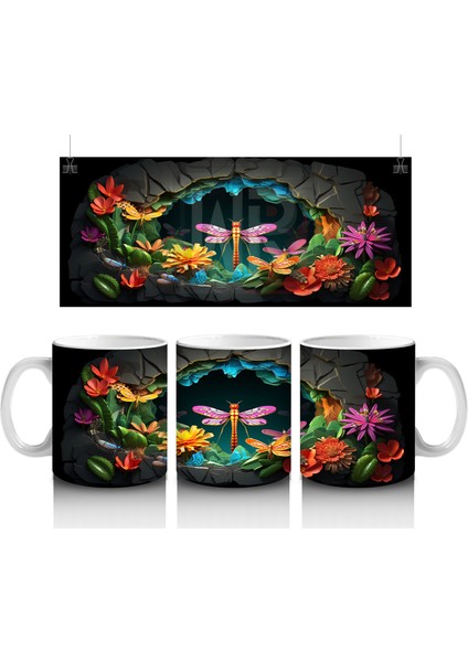 Karanlık Mağarada Parlayan Çiçekler ve Pembe Yusufçuk - Baskılı Kahve Kupası