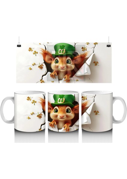 St. Patrick’s Temalı Sevimli Fare Karakteri - Baskılı Kahve Kupası