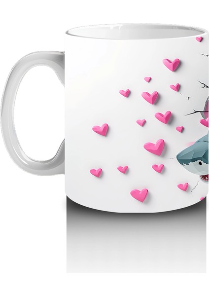 Kalplerle Süslenmiş Duvar Arasında Mavi Köpekbalığı - Baskılı Kahve Kupası fiyatları