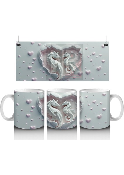 Kalp Şeklindeki Oyukta Ikili Denizatı Kabartma Deseni - Baskılı Kahve Kupası