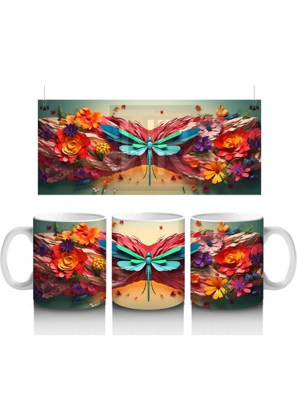 Renkli Çiçek Bahçesinde Parlayan Pembe Kanatlı Yusufçuk - Baskılı Kahve Kupası
