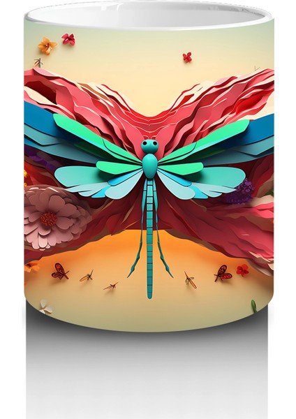 Renkli Çiçek Bahçesinde Parlayan Pembe Kanatlı Yusufçuk - Baskılı Kahve Kupası modelleri