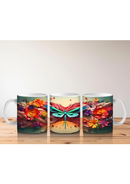 Renkli Çiçek Bahçesinde Parlayan Pembe Kanatlı Yusufçuk - Baskılı Kahve Kupası indirimleri