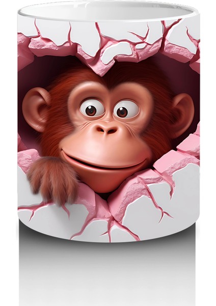 Pembe Çatlak Zeminden Bakan Sevimli Maymun Figürü - Baskılı Kahve Kupası modelleri