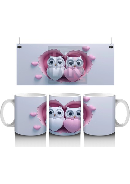 Aşık Baykuşlar Kalpli Kompozisyon – Baskılı Kahve Kupası