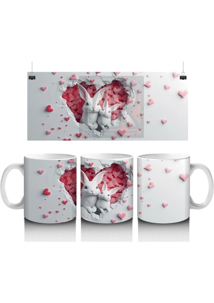 Kalpli Figür Oluşturan Pembe Kelebek ve Kalpler - Baskılı Kahve Kupası
