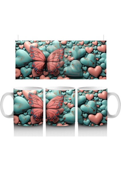 Turkuaz ve Pembe Kalplerle Süslenmiş Kelebek – Baskılı Kahve Kupası