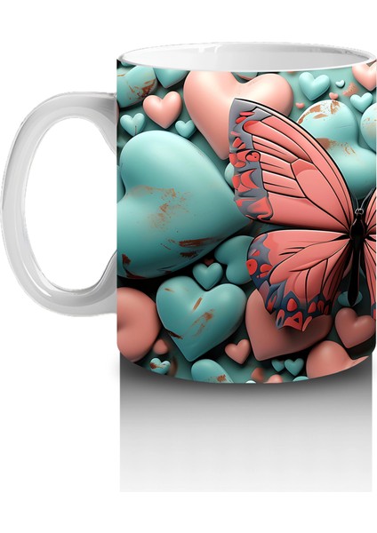 Turkuaz ve Pembe Kalplerle Süslenmiş Kelebek – Baskılı Kahve Kupası fiyatları